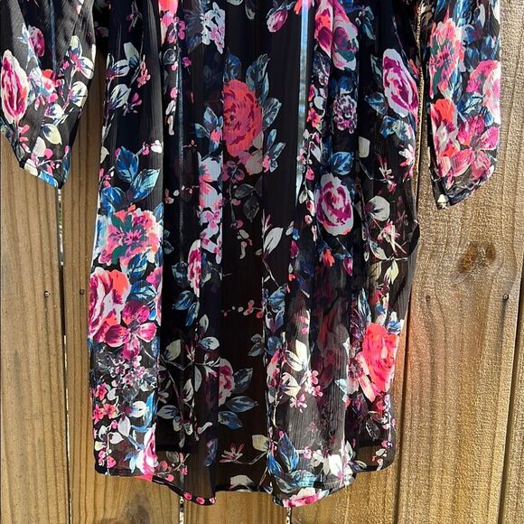 Express Fall Floral Black Pink Sheer Lace Open-Front Kimono Cover Up Shaw Wrap M - Picture 5 of 13